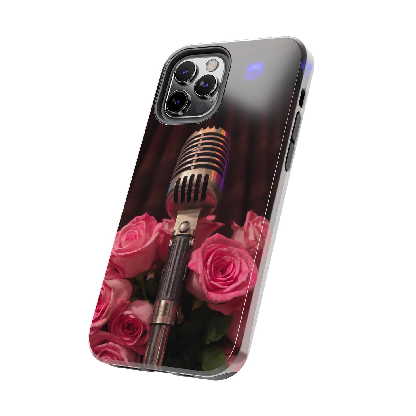 Stylish Tough Phone Case with Vintage Microphone and Roses