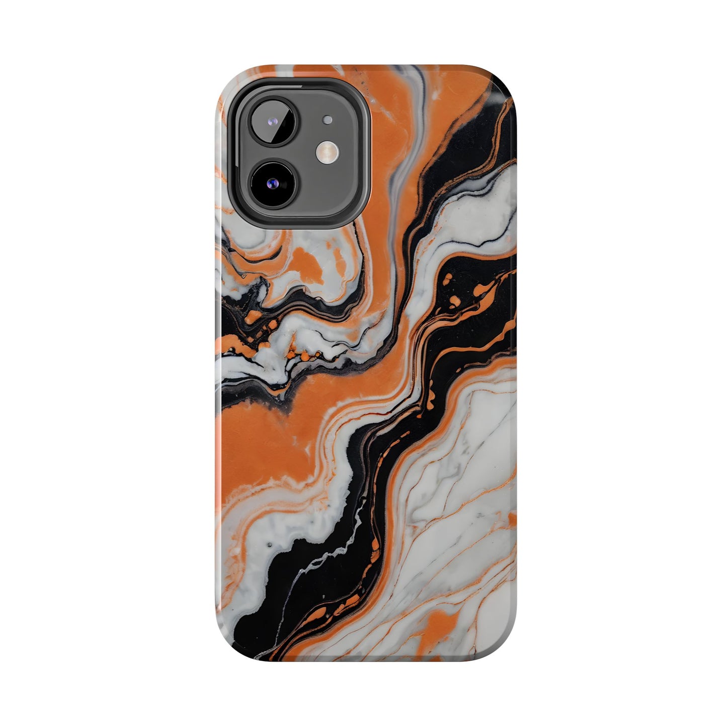 Stylish Tough Phone Case - Elegant Black, White & Orange Marble Design - for iPhone