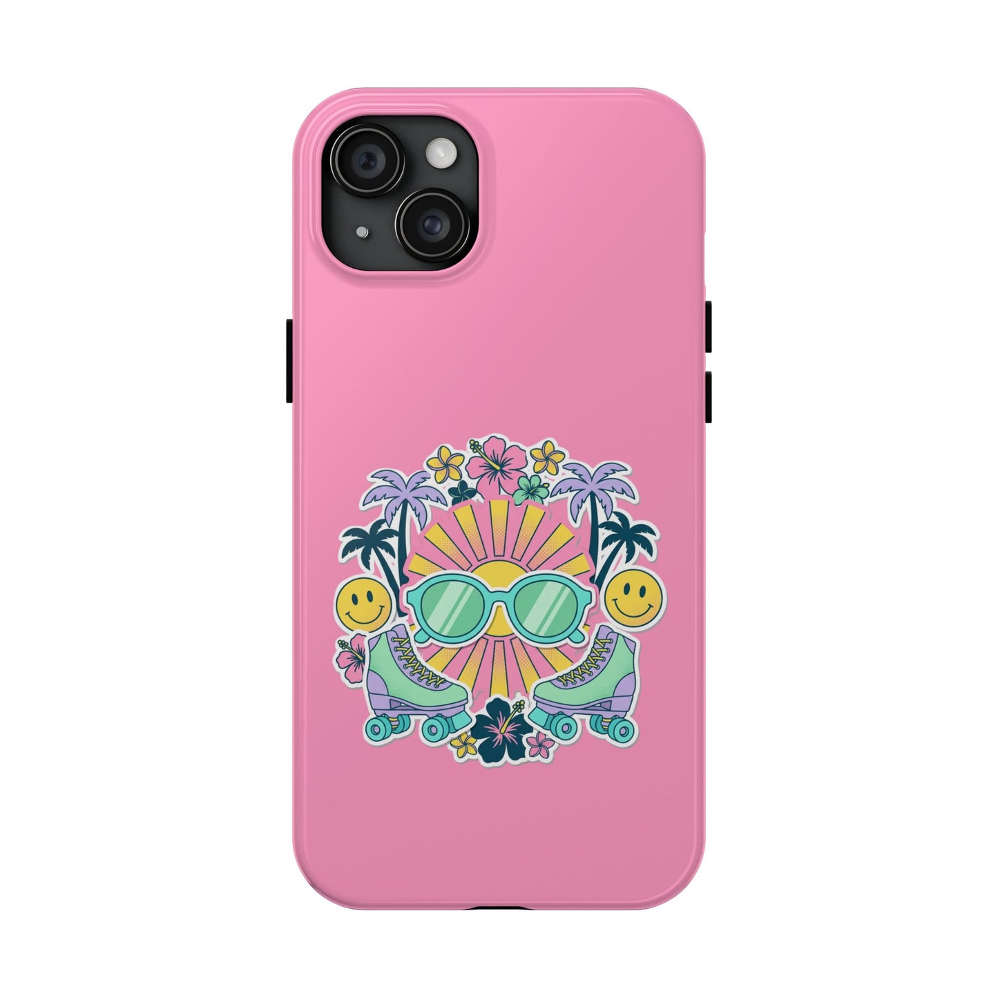 Retro Summer Phone Case — Y2K Palm Trees, Roller Skates & Smiley Collage