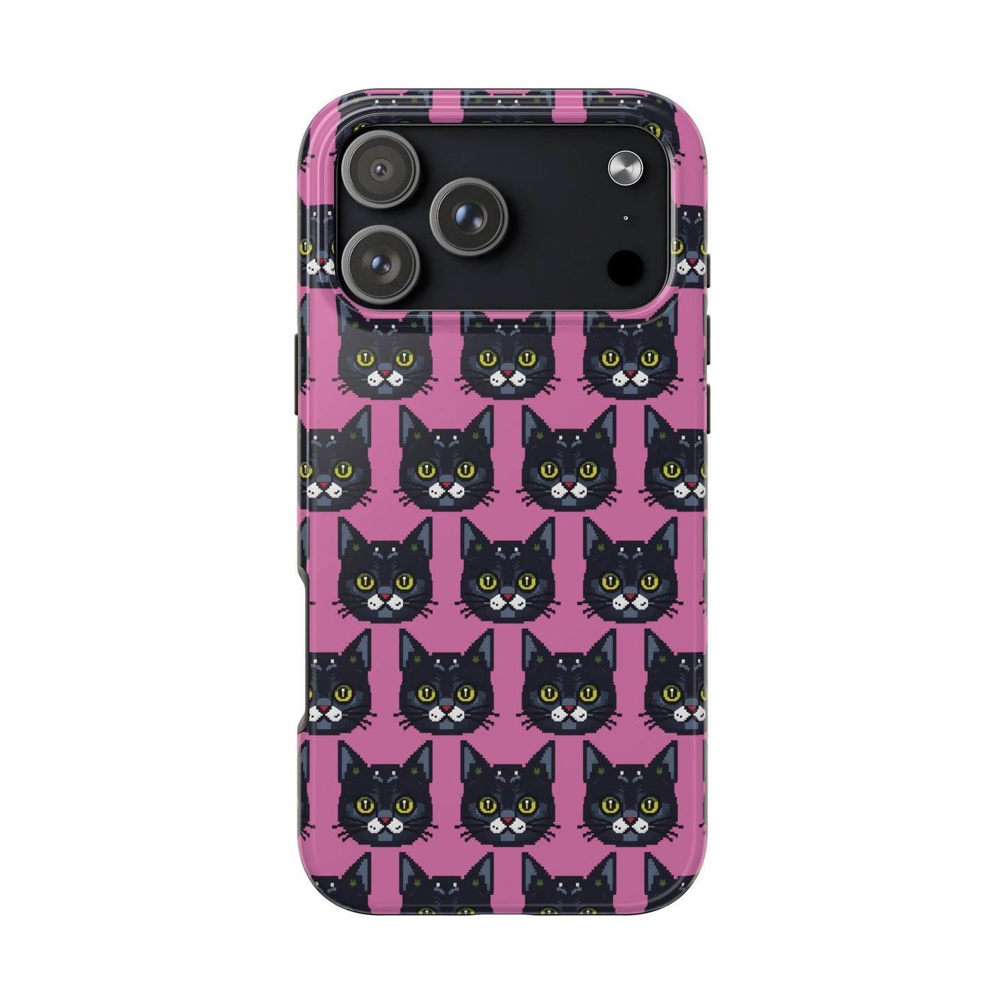 Playful Black Cat on Pink - Tough Phone Case - Pixel Cat Pattern - for iPhone