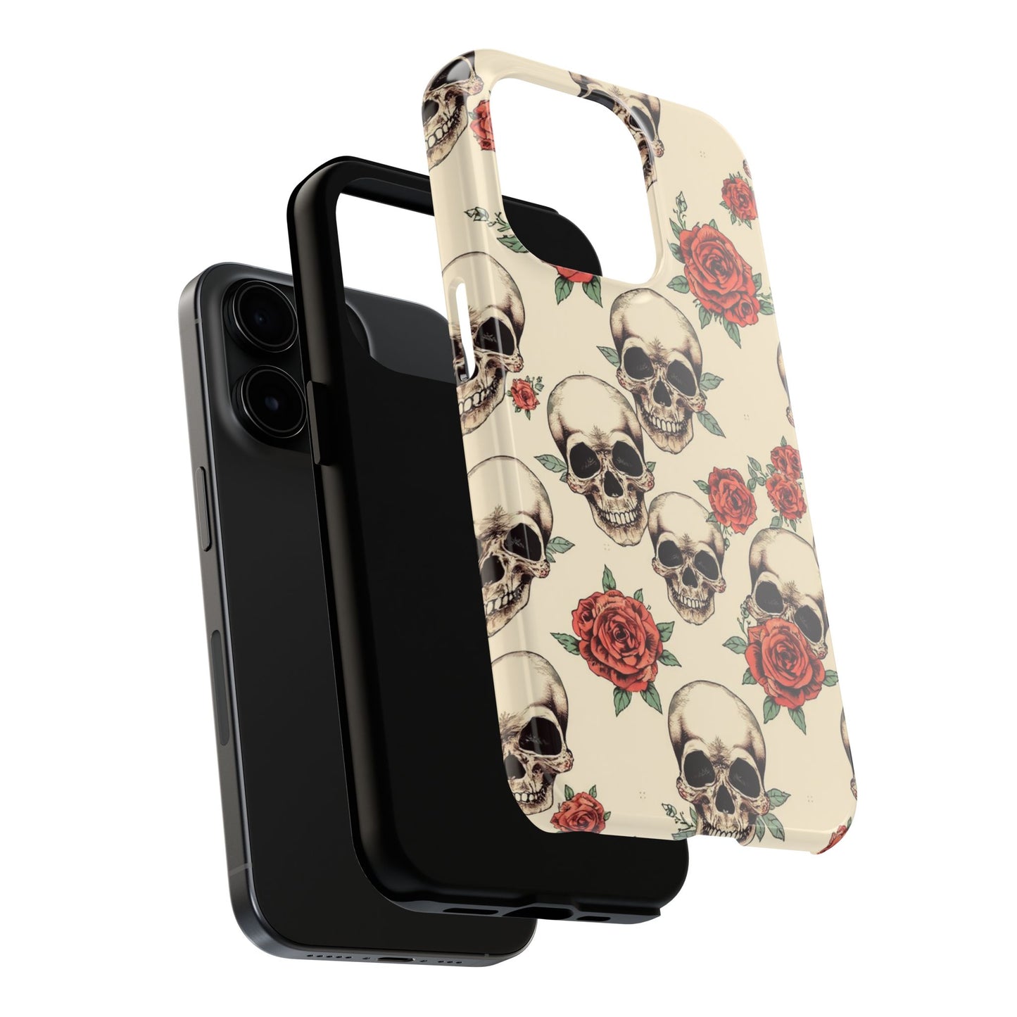 Tough Phone Case with Skull and Rose Design - Edgy Floral iPhone Protection