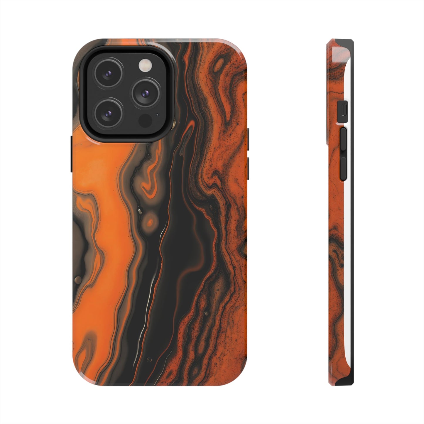 Stylish Tough Phone Case - Bold Black and Orange Metallic Lava Flow Design - for iPhone
