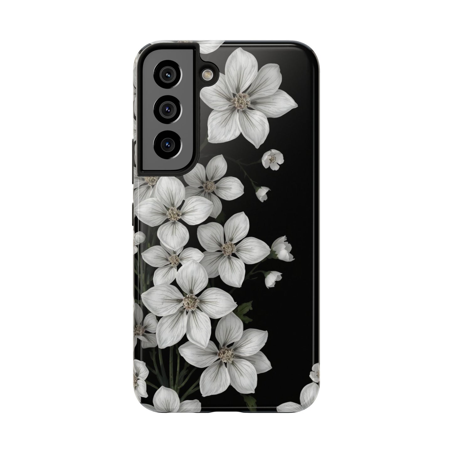 Floral Tough Phone Case - Pure Elegant White Petals on Black Background - for iPhone