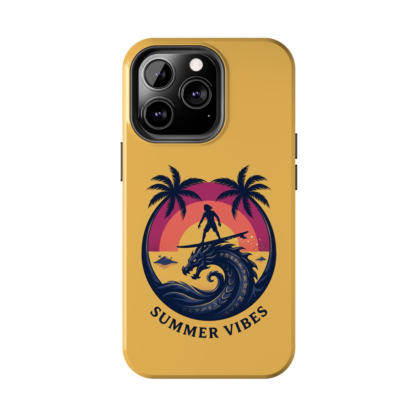 Surfing Dragon Phone Case — Silhouette Surfer with Palms & “Summer Vibes”