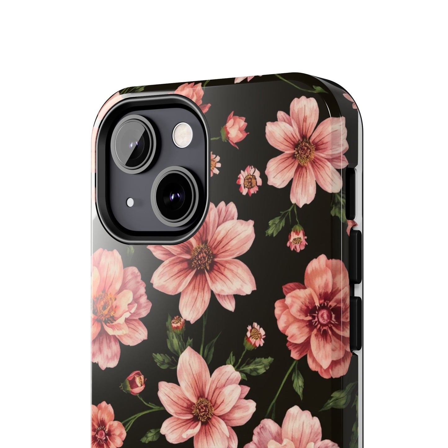 Floral Tough Phone Case - Durable Protection with Elegant Pink Flowers on Black Design - for iPhone