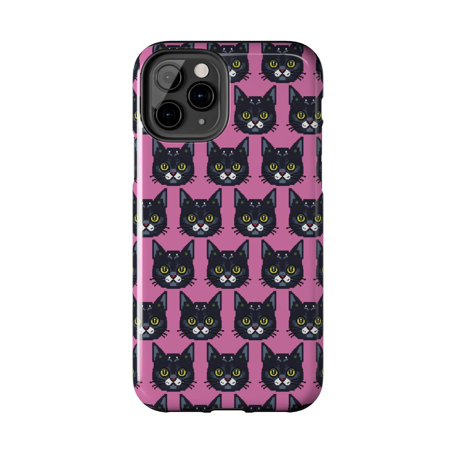 Playful Black Cat on Pink - Tough Phone Case - Pixel Cat Pattern - for iPhone