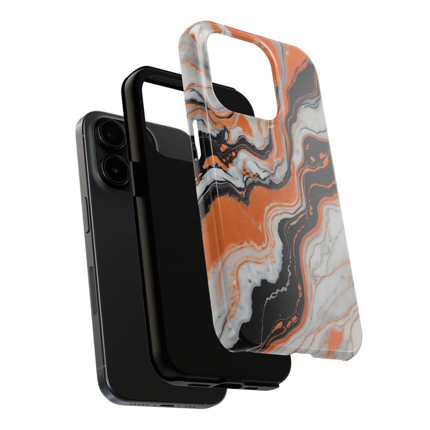 Stylish Tough Phone Case - Elegant Black, White & Orange Marble Design - for iPhone