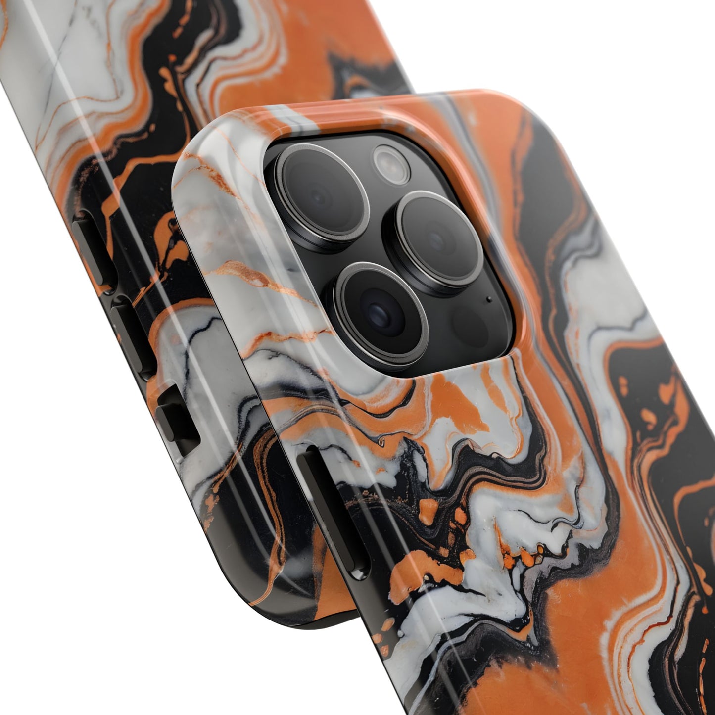 Stylish Tough Phone Case - Elegant Black, White & Orange Marble Design - for iPhone