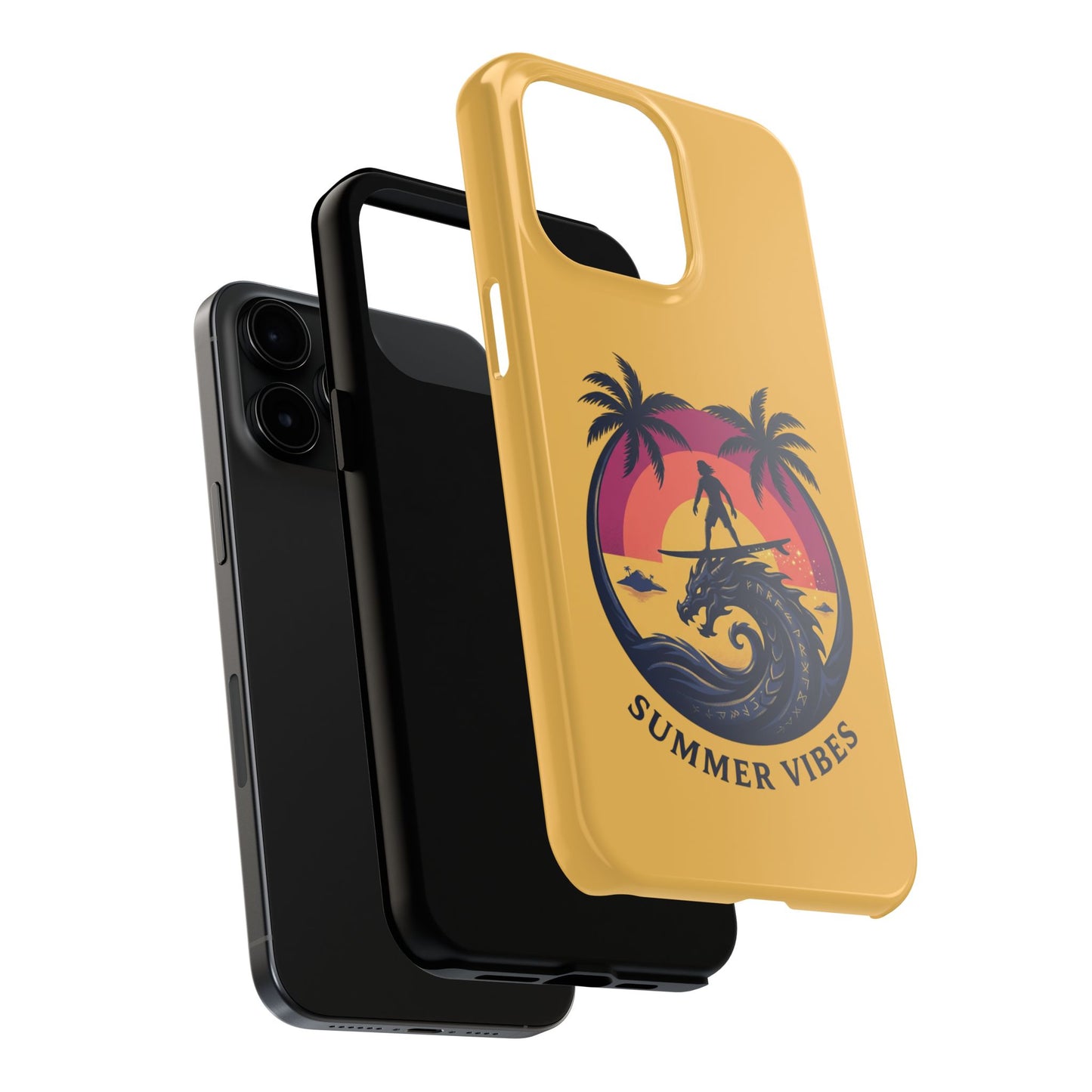 Surfing Dragon Phone Case — Silhouette Surfer with Palms & “Summer Vibes”
