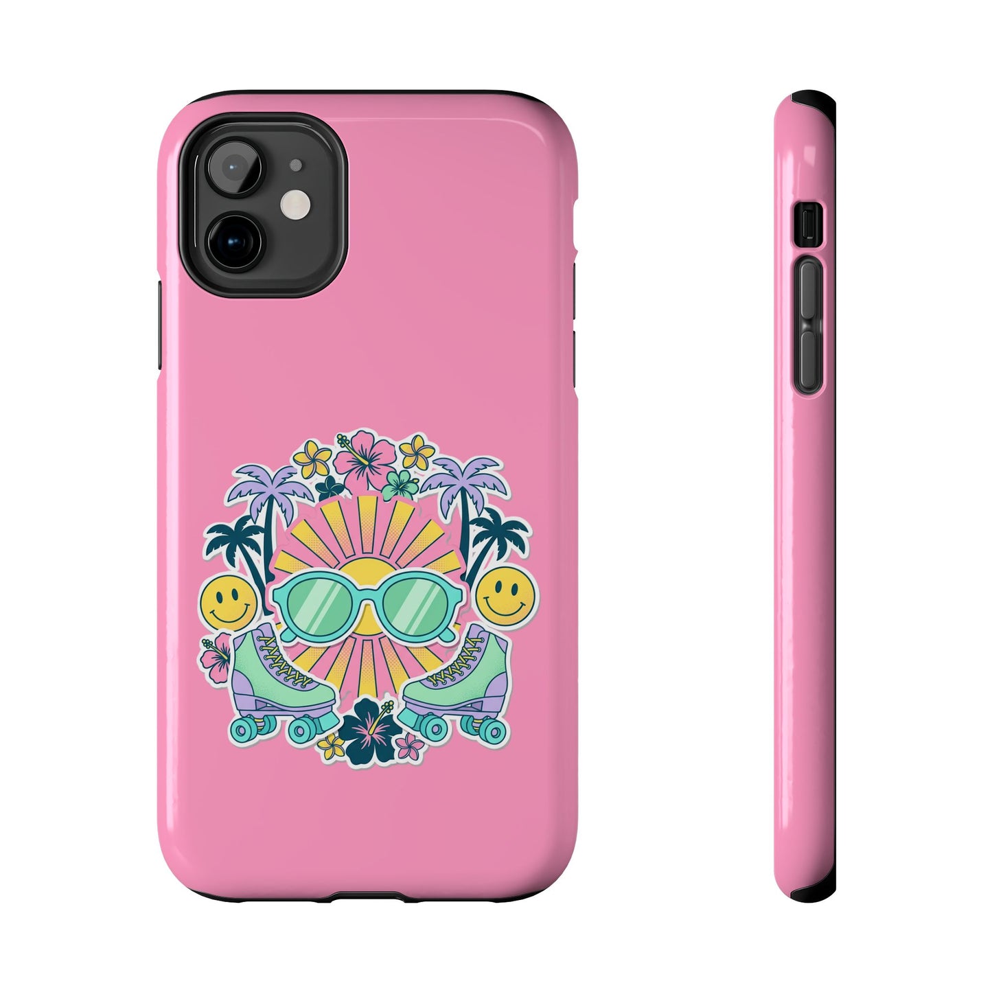 Retro Summer Phone Case — Y2K Palm Trees, Roller Skates & Smiley Collage