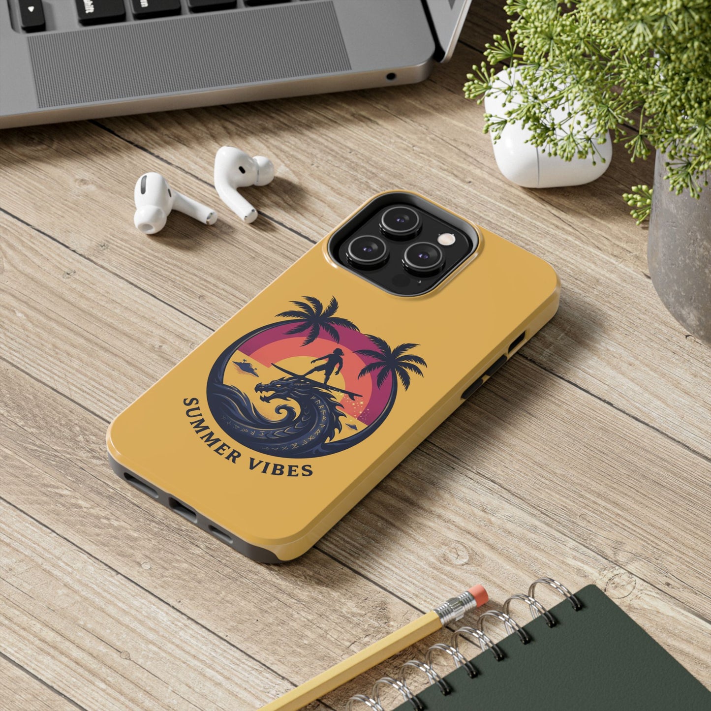 Surfing Dragon Phone Case — Silhouette Surfer with Palms & “Summer Vibes”