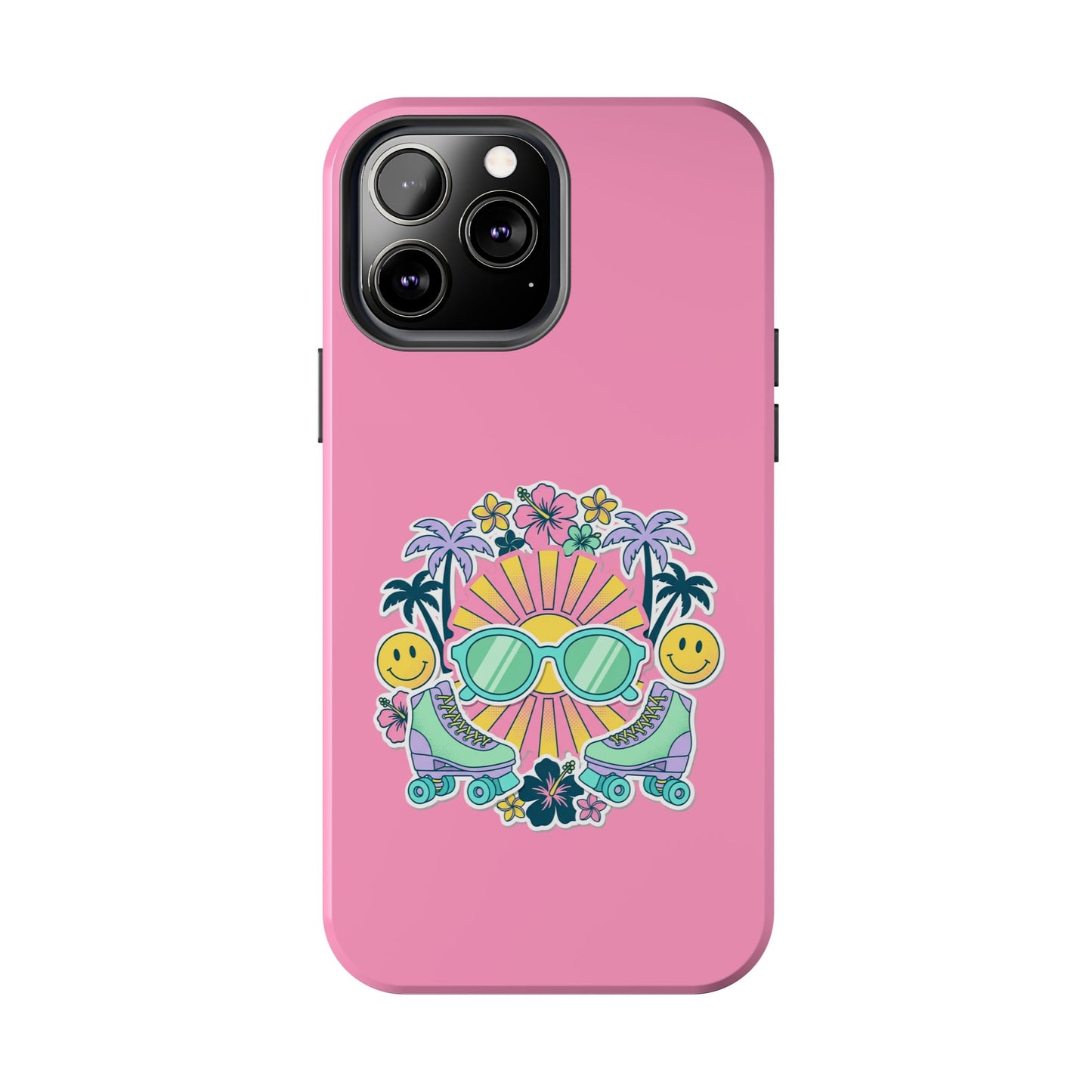 Retro Summer Phone Case — Y2K Palm Trees, Roller Skates & Smiley Collage
