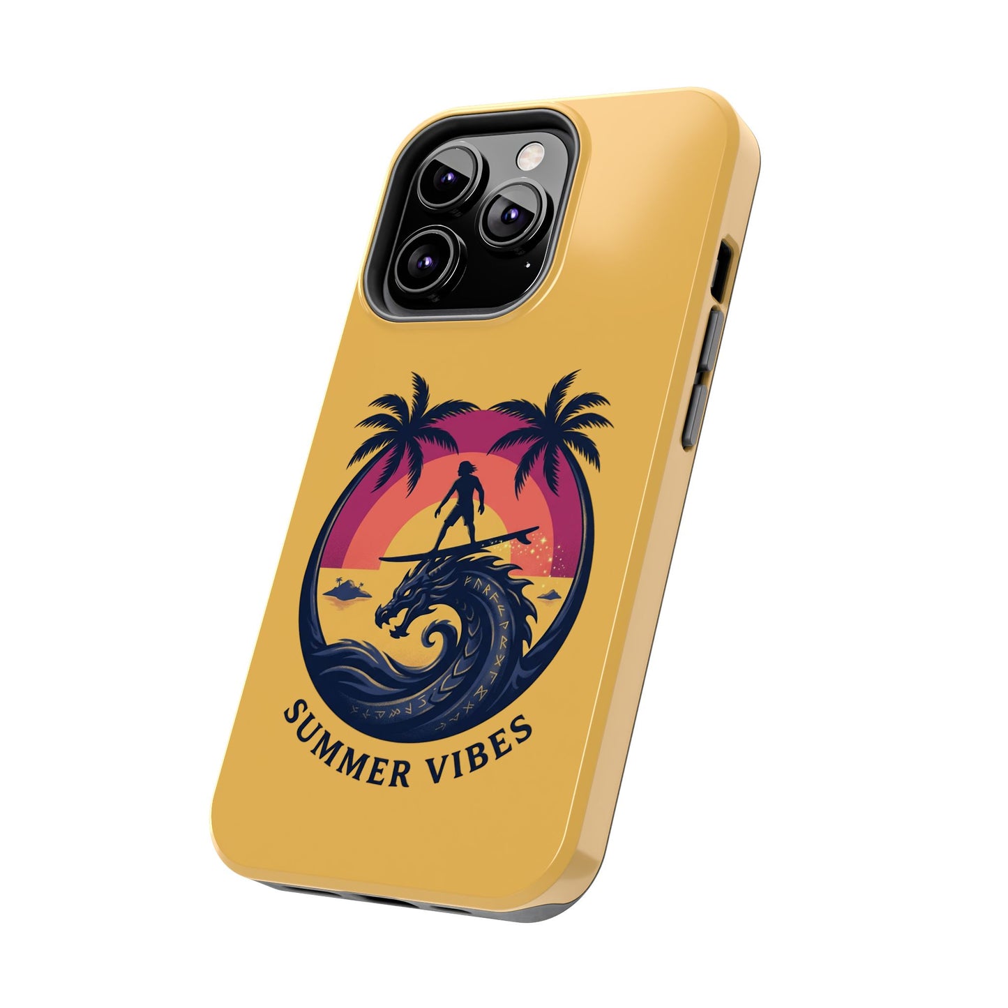 Surfing Dragon Phone Case — Silhouette Surfer with Palms & “Summer Vibes”