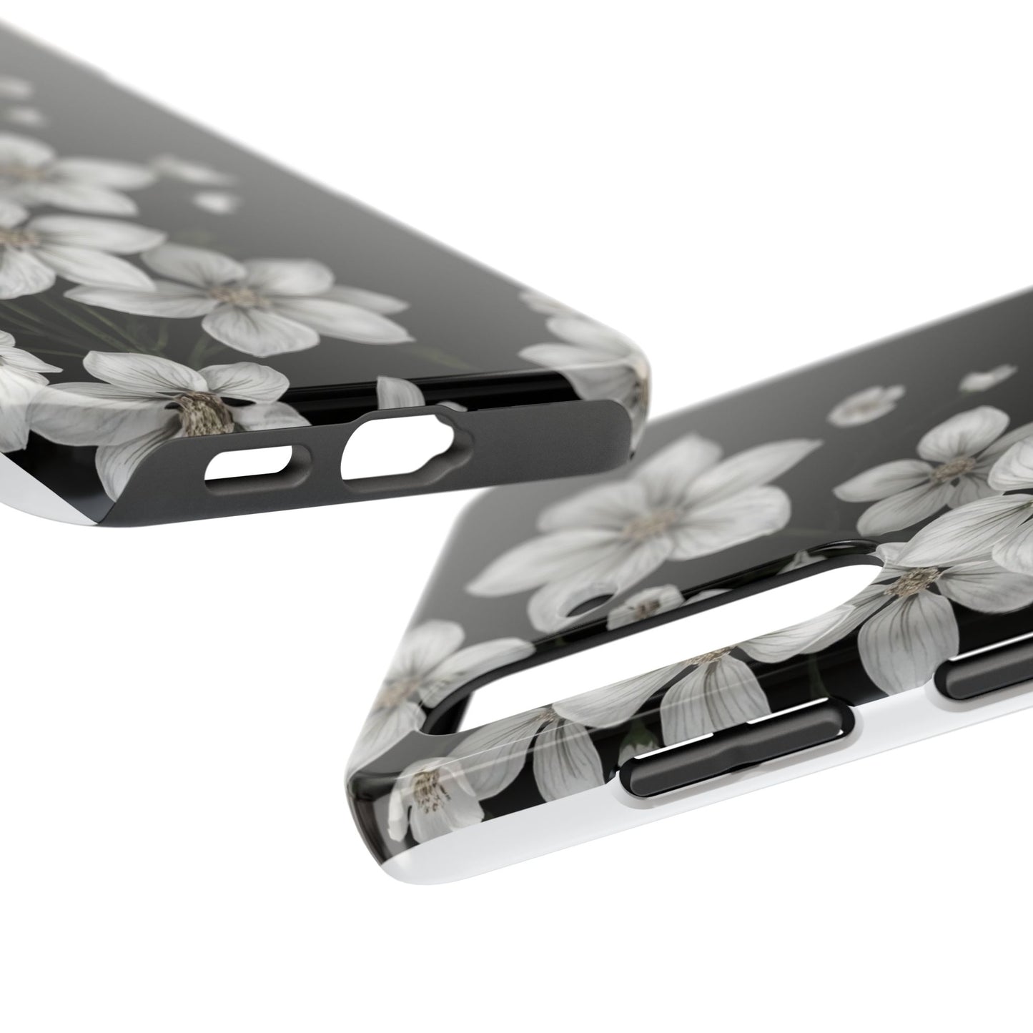 Floral Tough Phone Case - Pure Elegant White Petals on Black Background - for iPhone
