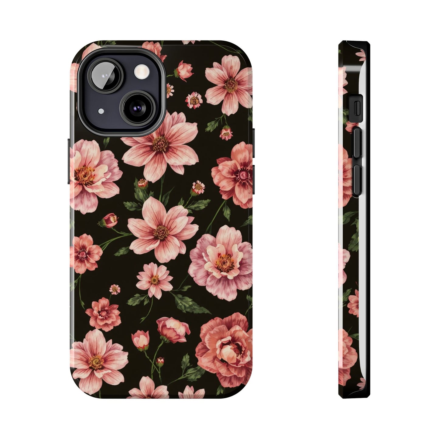 Floral Tough Phone Case - Durable Protection with Elegant Pink Flowers on Black Design - for iPhone