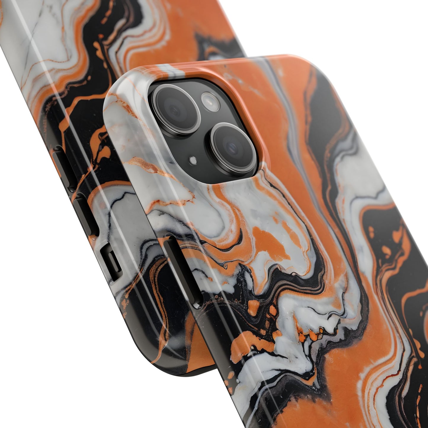 Stylish Tough Phone Case - Elegant Black, White & Orange Marble Design - for iPhone