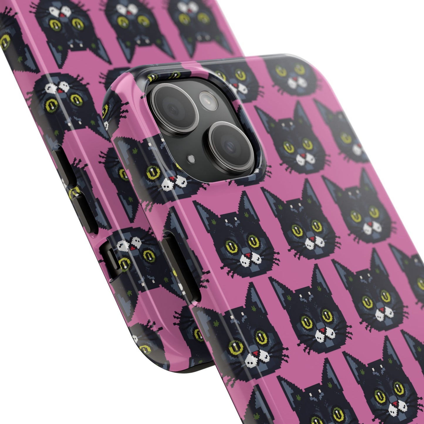 Playful Black Cat on Pink - Tough Phone Case - Pixel Cat Pattern - for iPhone