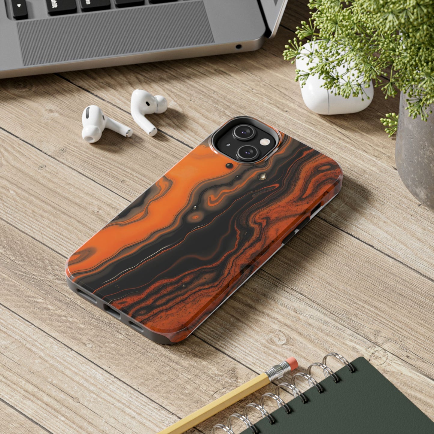 Stylish Tough Phone Case - Bold Black and Orange Metallic Lava Flow Design - for iPhone