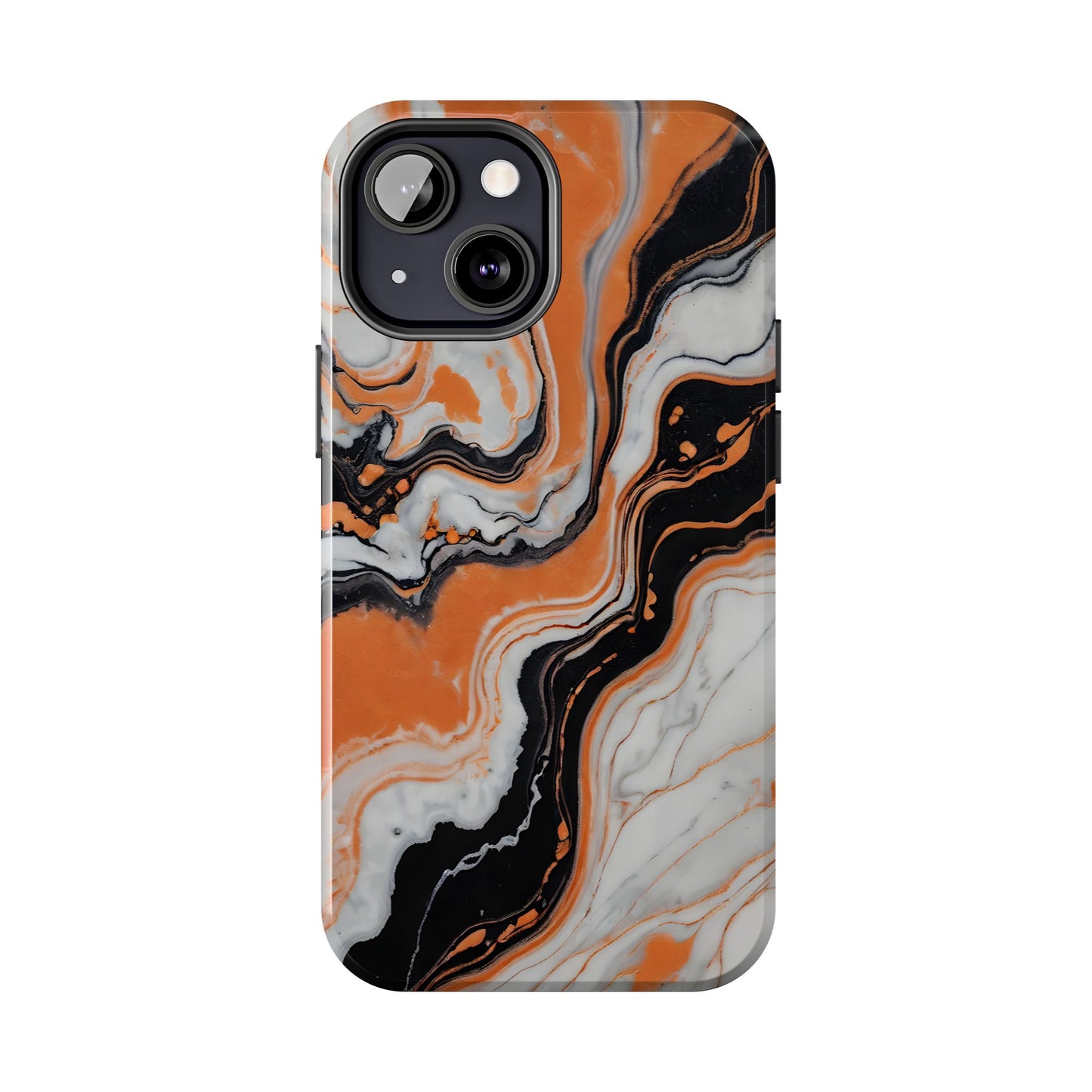 Stylish Tough Phone Case - Elegant Black, White & Orange Marble Design - for iPhone