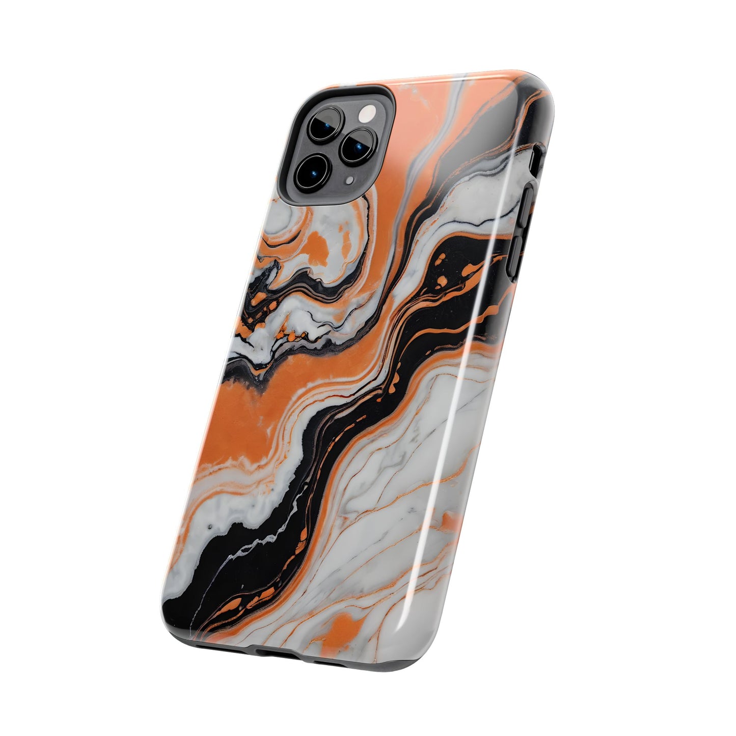 Stylish Tough Phone Case - Elegant Black, White & Orange Marble Design - for iPhone