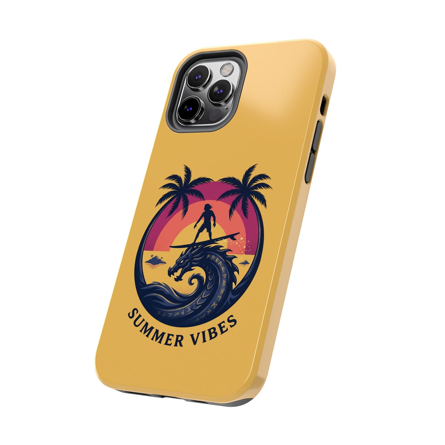 Surfing Dragon Phone Case — Silhouette Surfer with Palms & “Summer Vibes”