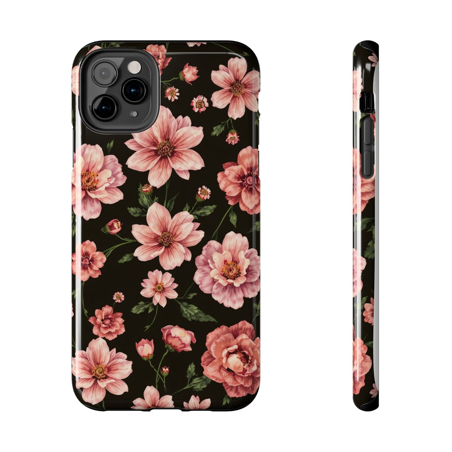 Floral Tough Phone Case - Durable Protection with Elegant Pink Flowers on Black Design - for iPhone