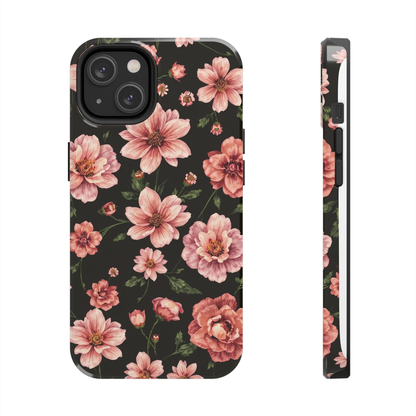 Floral Tough Phone Case - Durable Protection with Elegant Pink Flowers on Black Design - for iPhone