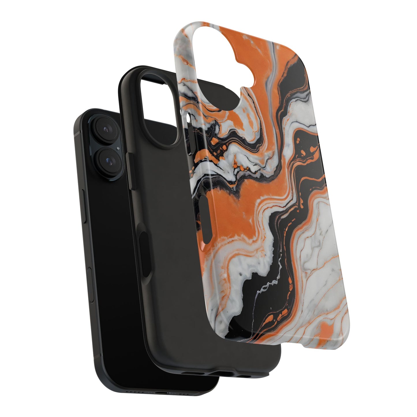 Stylish Tough Phone Case - Elegant Black, White & Orange Marble Design - for iPhone