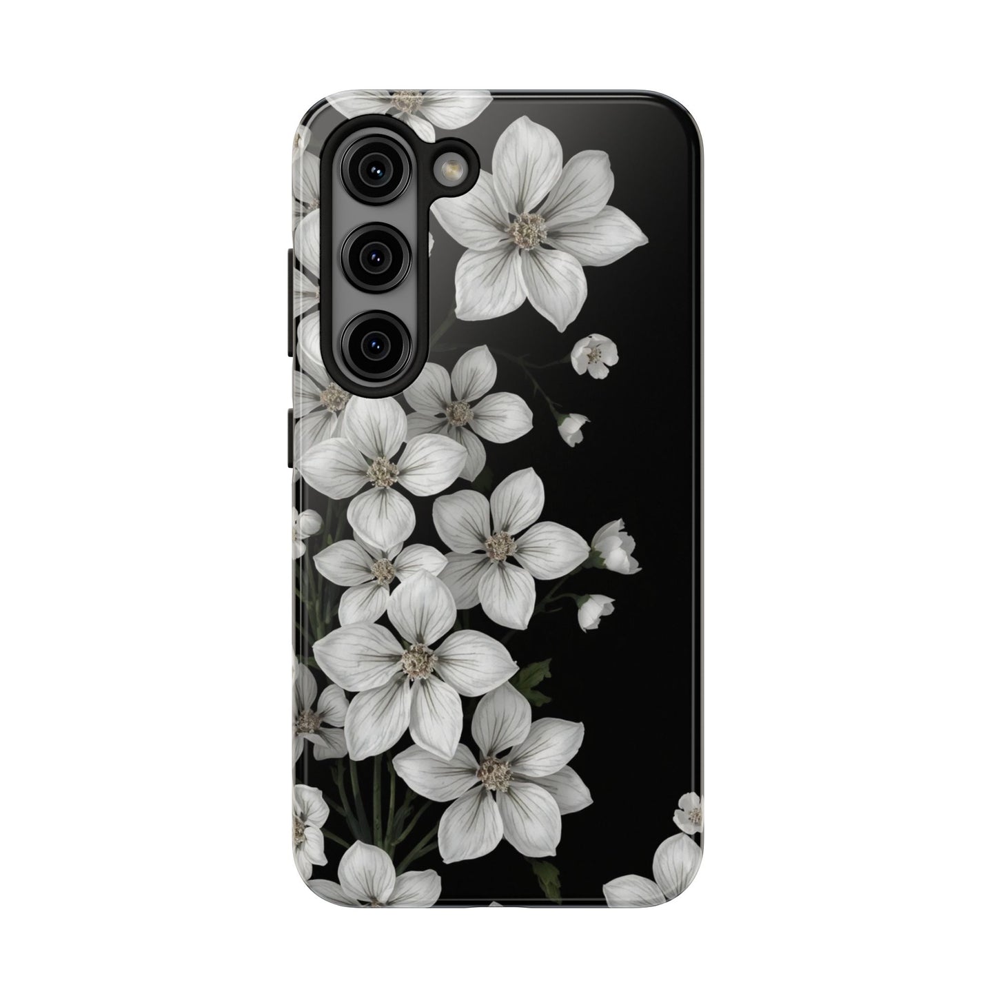Floral Tough Phone Case - Pure Elegant White Petals on Black Background - for iPhone
