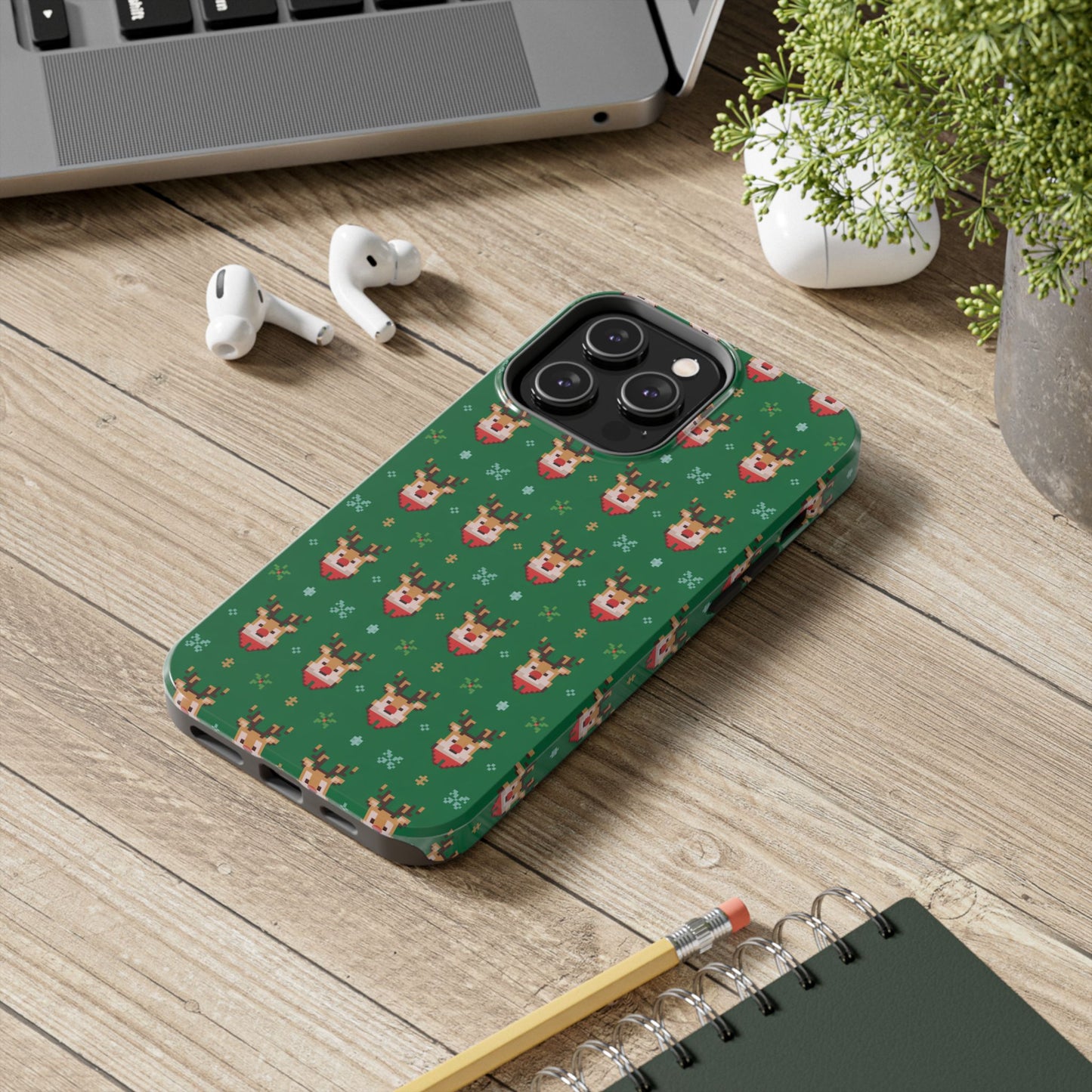 Pixel Art Christmas Rudolf Pattern Phone Case Green