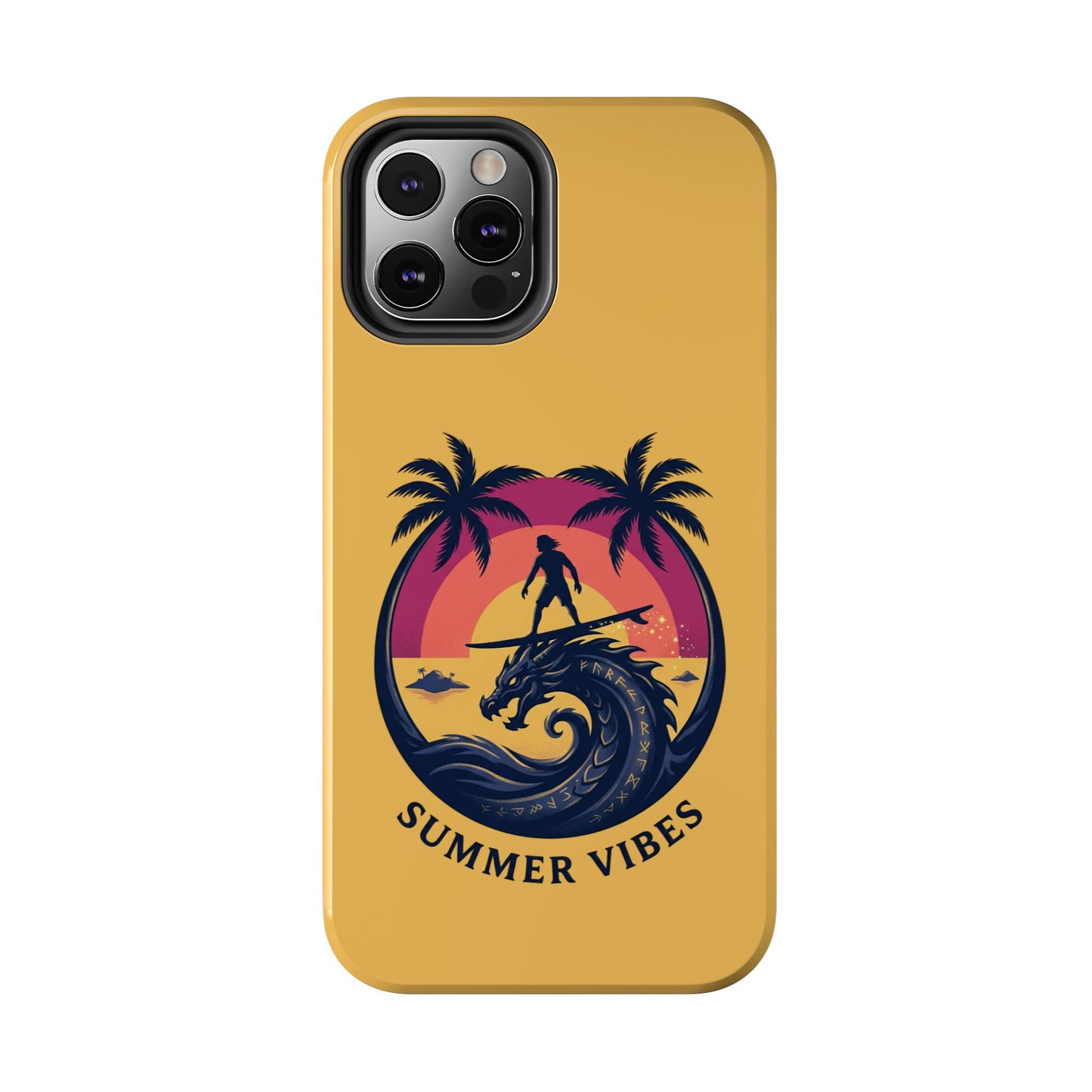 Surfing Dragon Phone Case — Silhouette Surfer with Palms & “Summer Vibes”