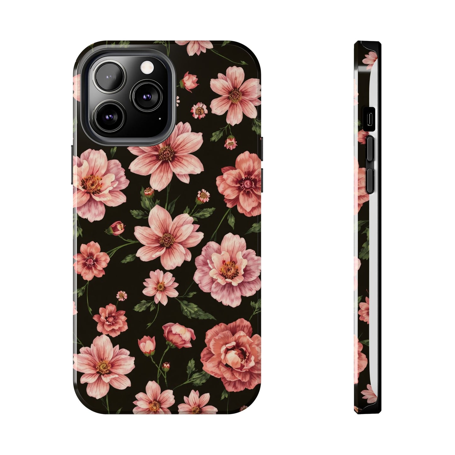 Floral Tough Phone Case - Durable Protection with Elegant Pink Flowers on Black Design - for iPhone