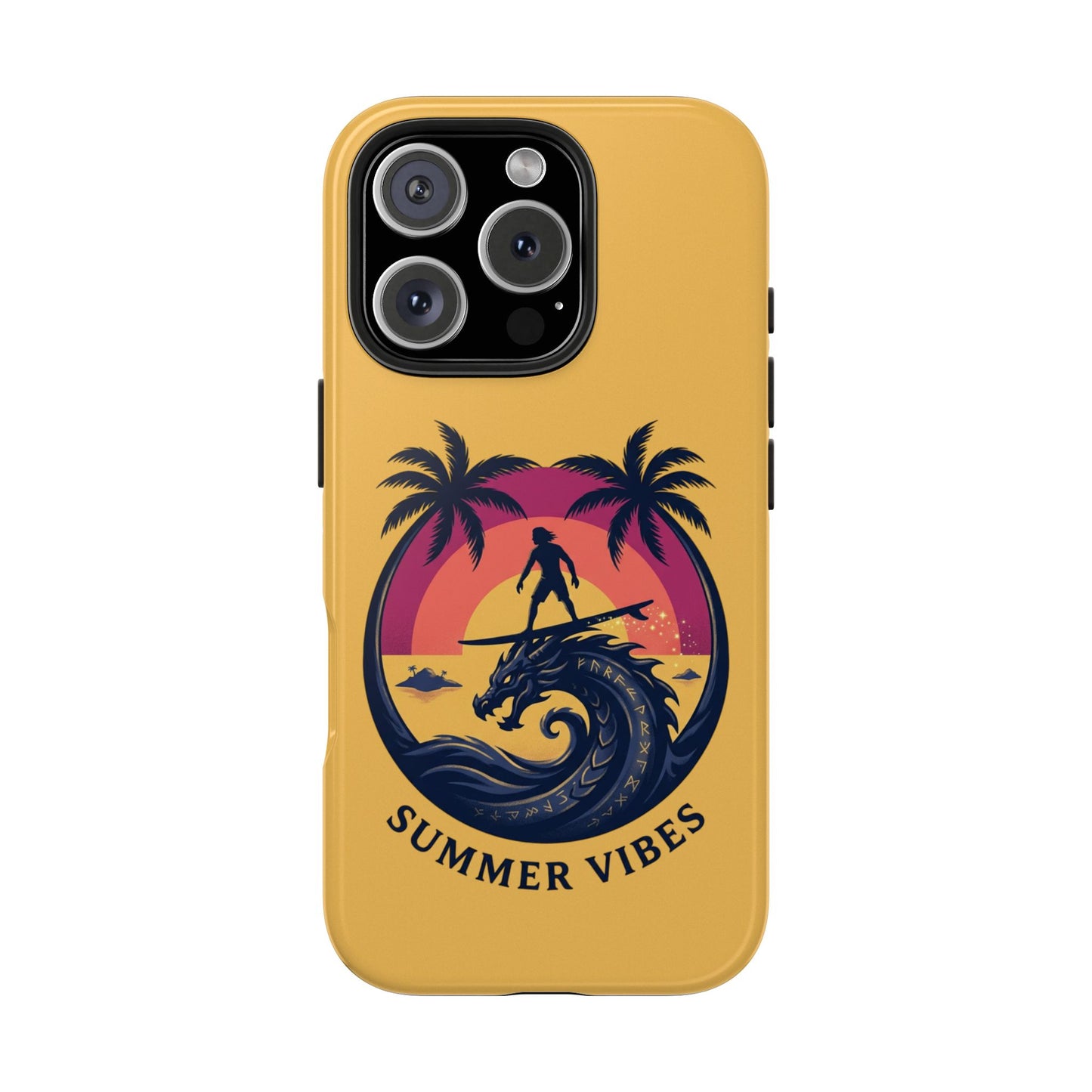 Surfing Dragon Phone Case — Silhouette Surfer with Palms & “Summer Vibes”