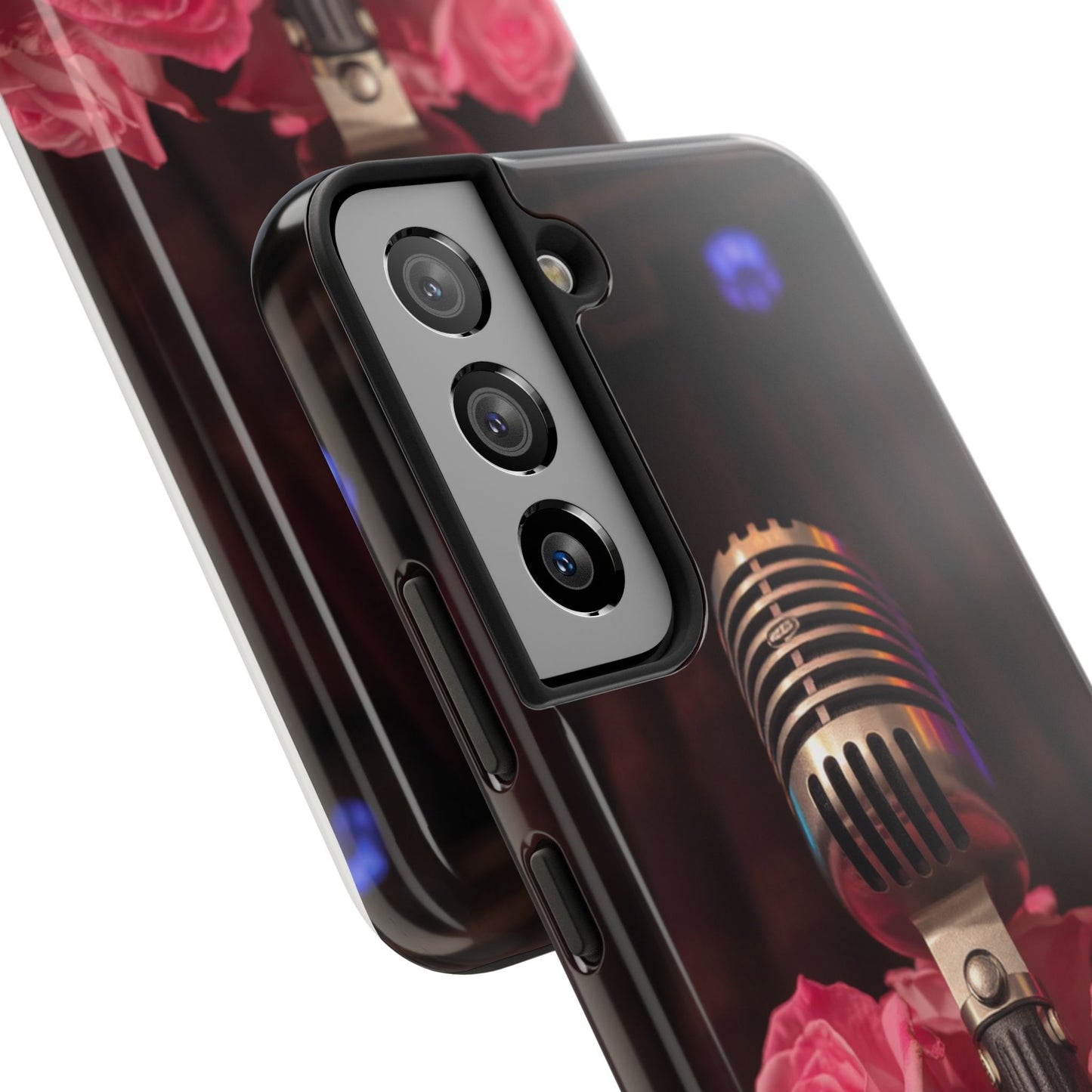 Stylish Tough Phone Case with Vintage Microphone and Roses