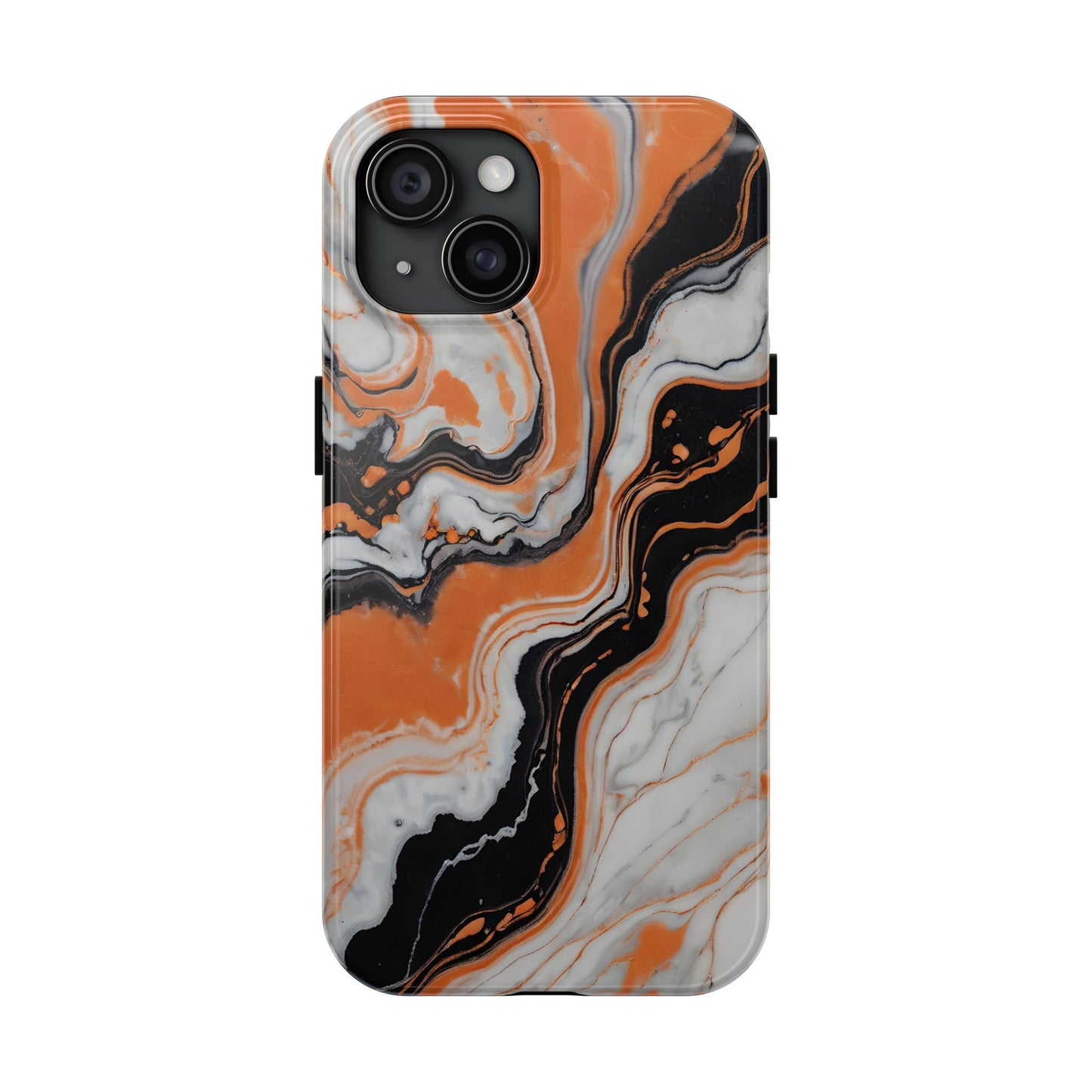 Stylish Tough Phone Case - Elegant Black, White & Orange Marble Design - for iPhone