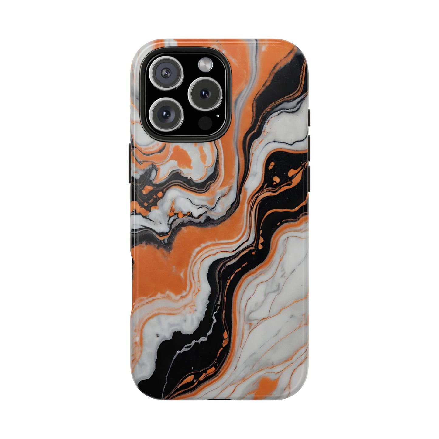 Stylish Tough Phone Case - Elegant Black, White & Orange Marble Design - for iPhone