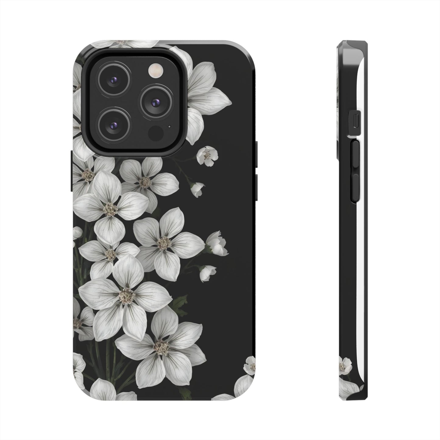 Floral Tough Phone Case - Pure Elegant White Petals on Black Background - for iPhone