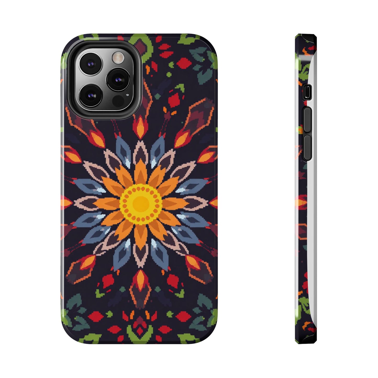 Pixel Art Floral Tough Phone Case - Pixelated Mandala Design for iPhone