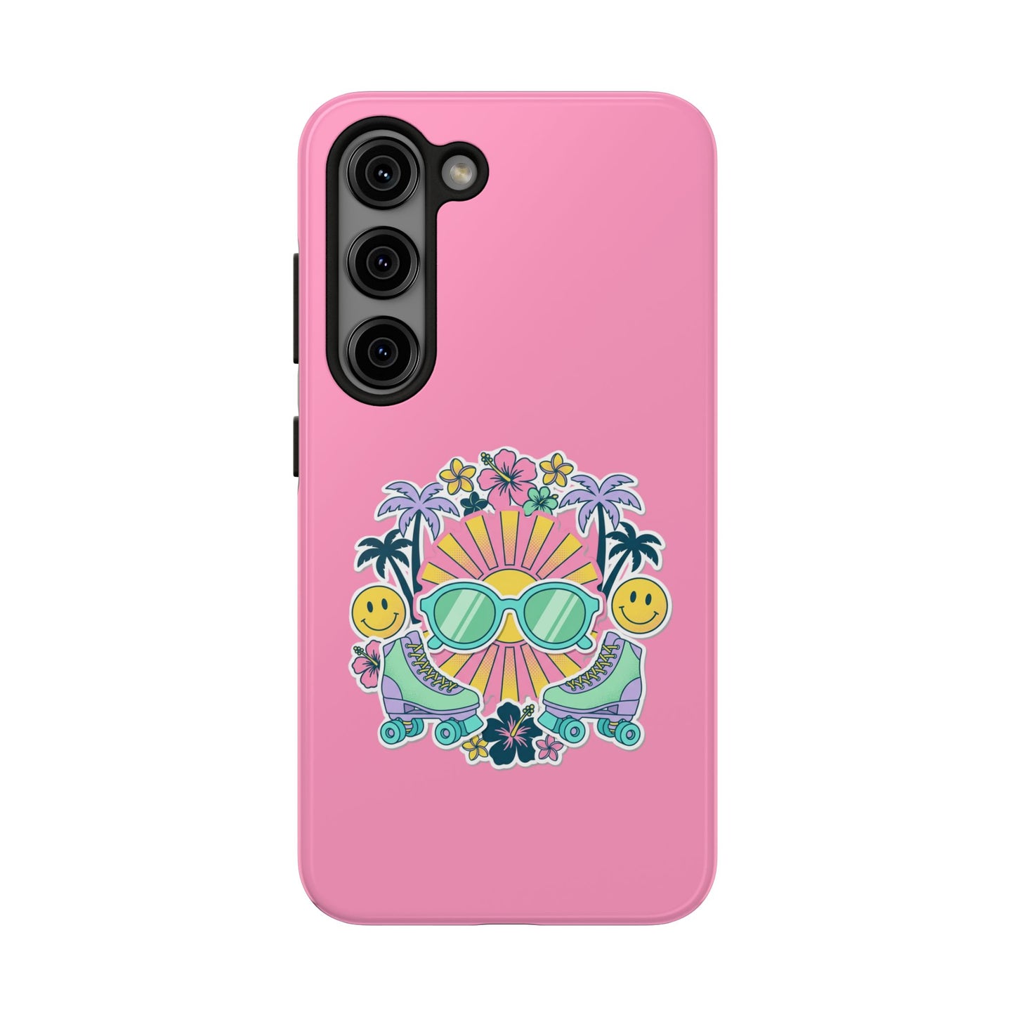 Retro Summer Phone Case — Y2K Palm Trees, Roller Skates & Smiley Collage
