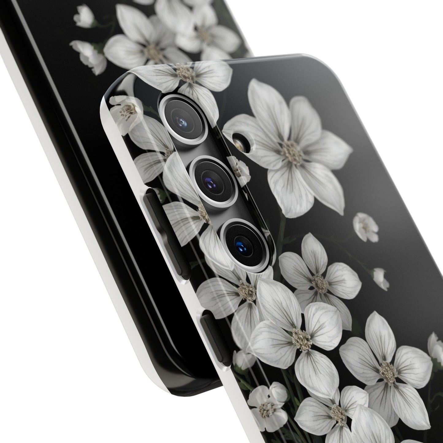 Floral Tough Phone Case - Pure Elegant White Petals on Black Background - for iPhone