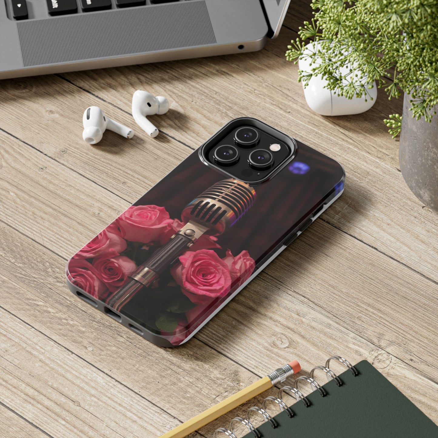 Stylish Tough Phone Case with Vintage Microphone and Roses