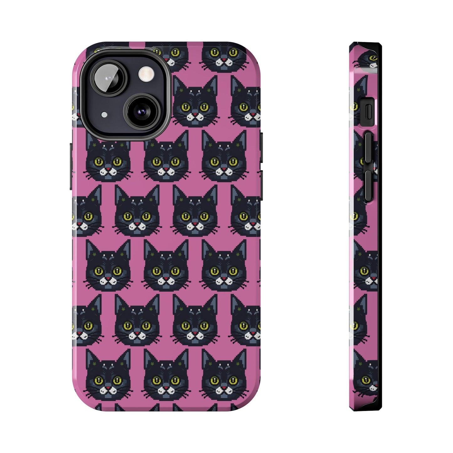 Playful Black Cat on Pink - Tough Phone Case - Pixel Cat Pattern - for iPhone