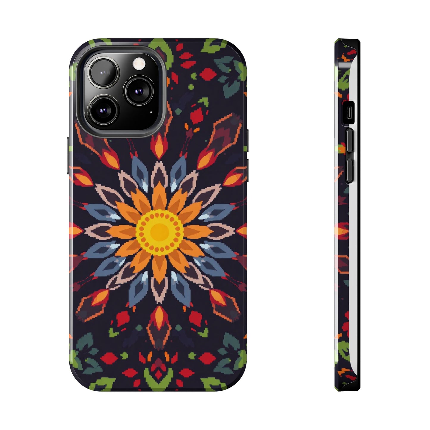 Pixel Art Floral Tough Phone Case - Pixelated Mandala Design for iPhone