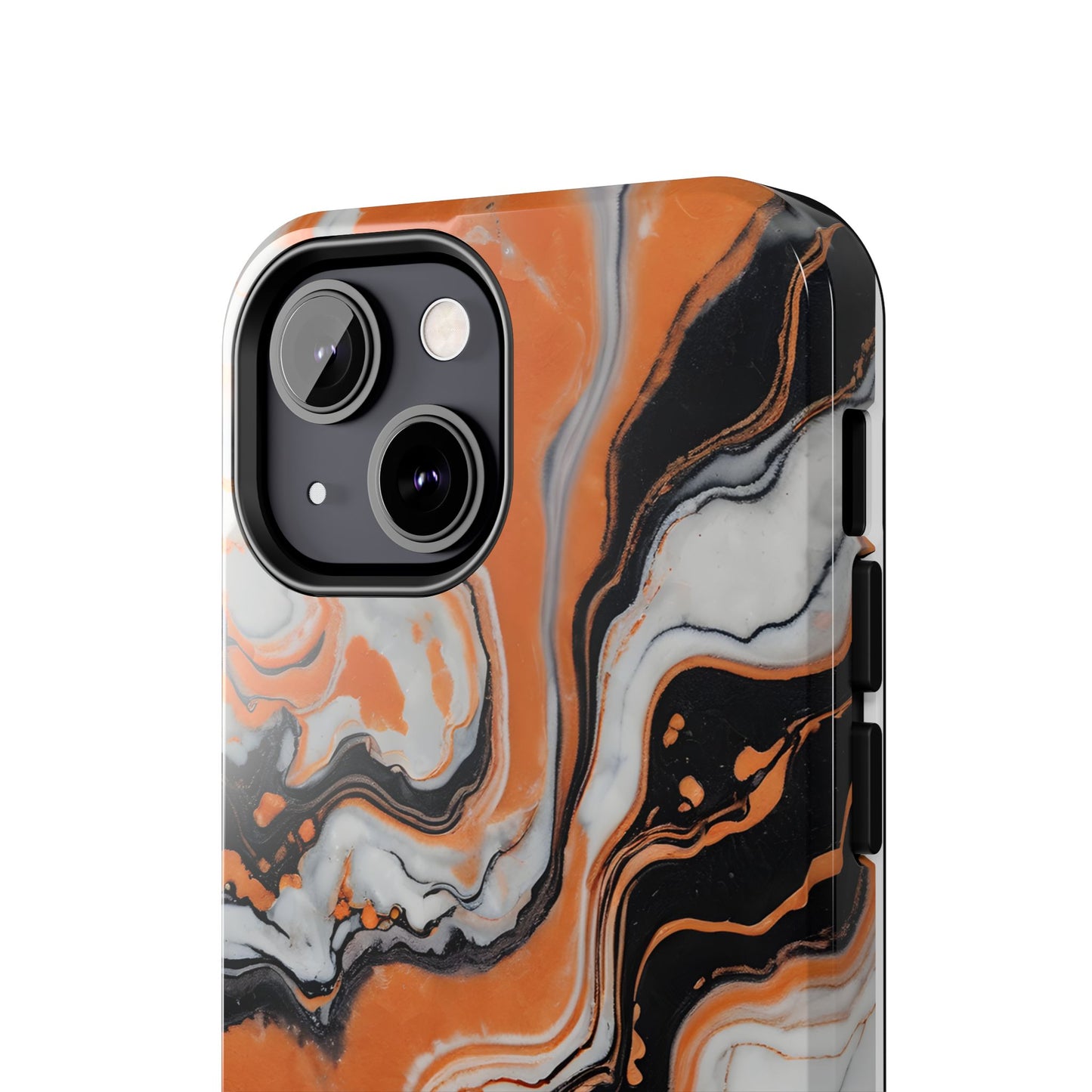 Stylish Tough Phone Case - Elegant Black, White & Orange Marble Design - for iPhone