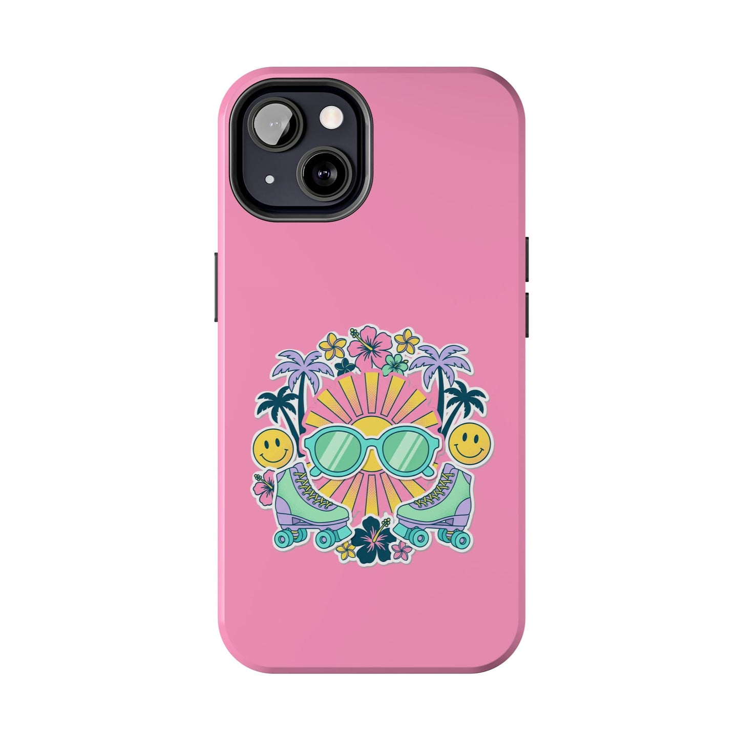 Retro Summer Phone Case — Y2K Palm Trees, Roller Skates & Smiley Collage