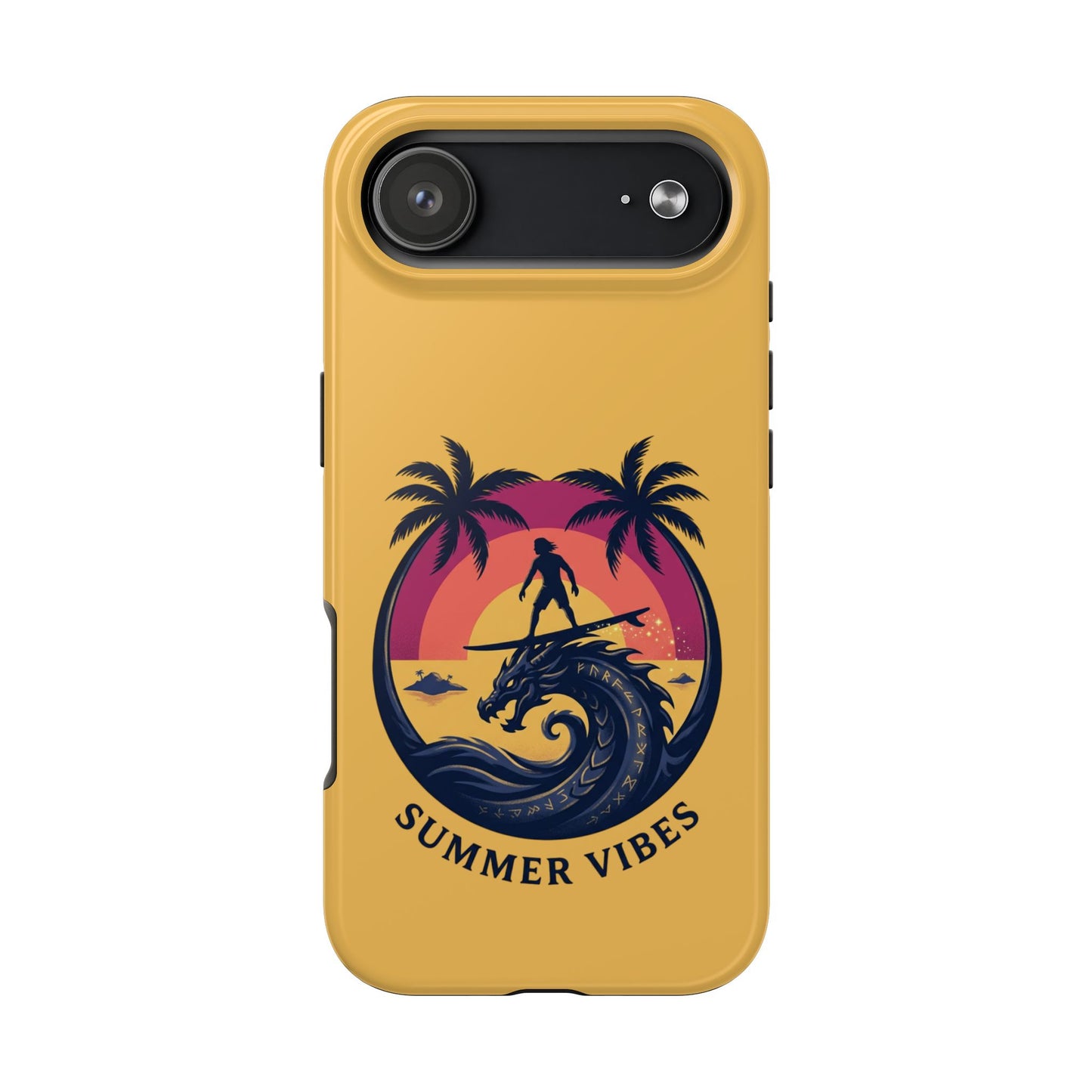 Surfing Dragon Phone Case — Silhouette Surfer with Palms & “Summer Vibes”