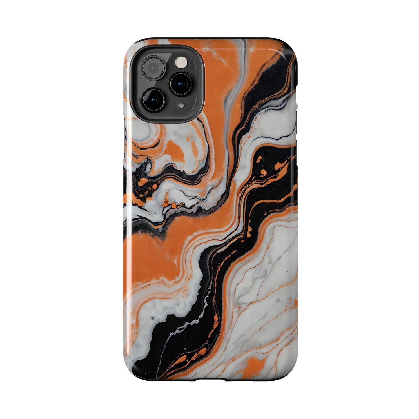 Stylish Tough Phone Case - Elegant Black, White & Orange Marble Design - for iPhone