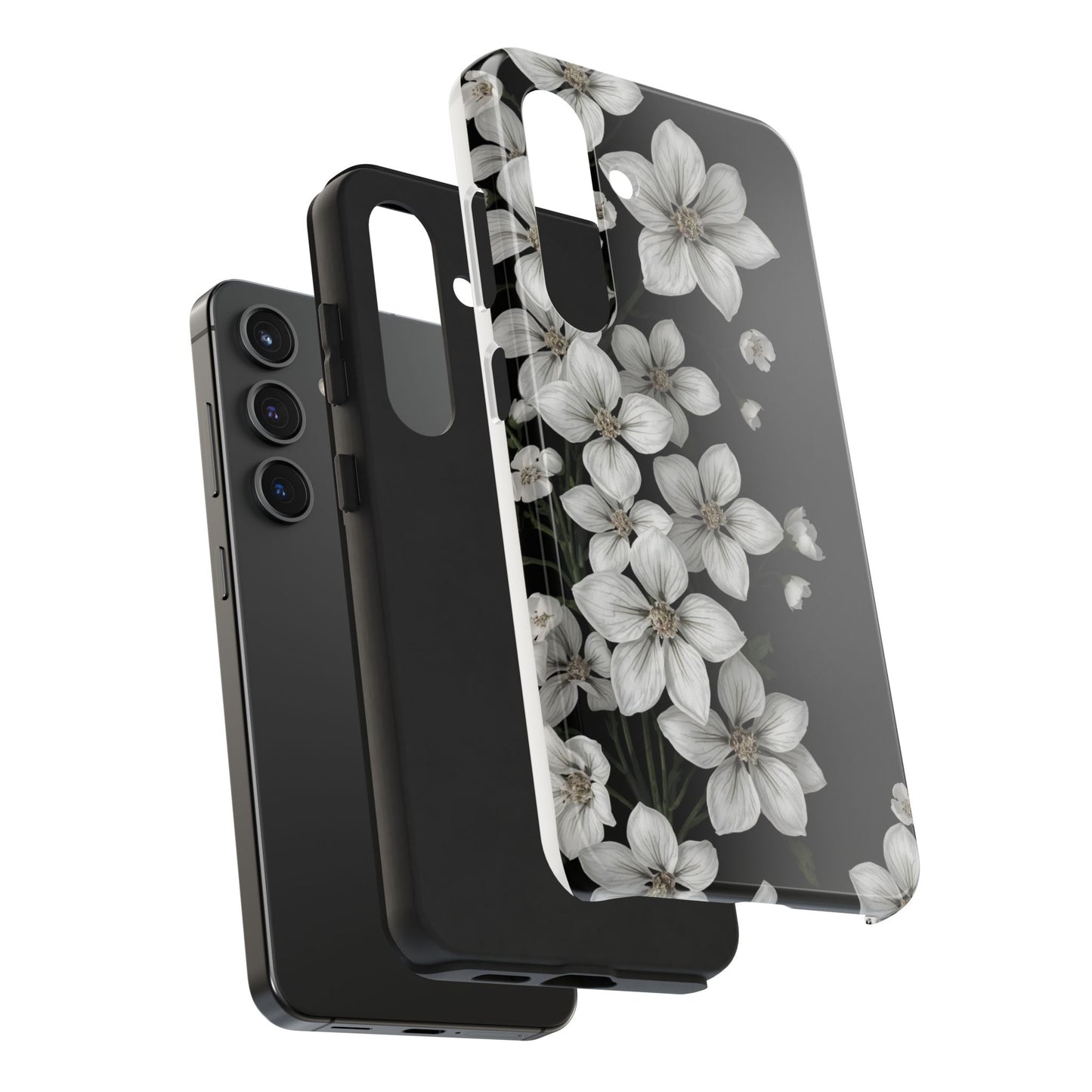 Floral Tough Phone Case - Pure Elegant White Petals on Black Background - for iPhone