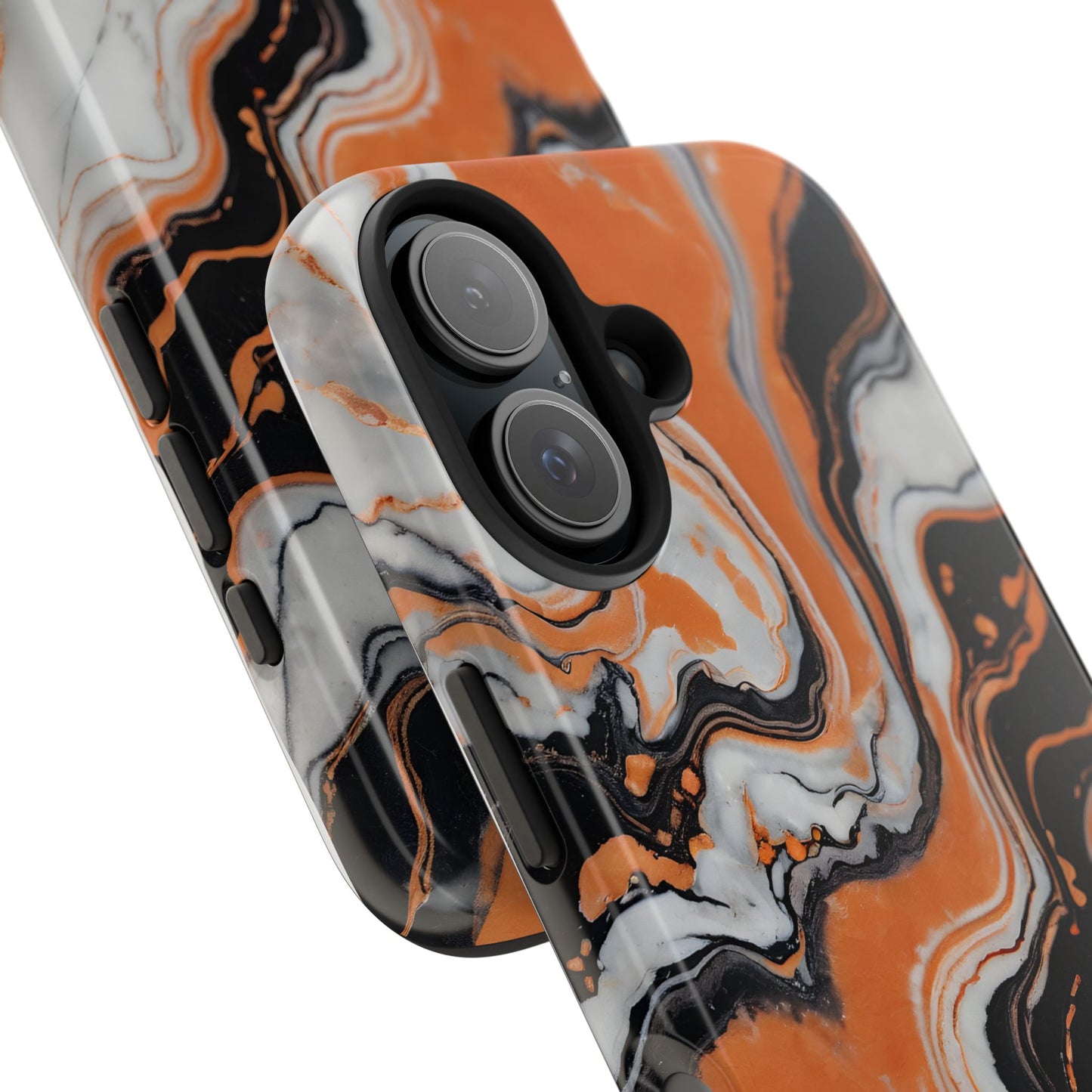 Stylish Tough Phone Case - Elegant Black, White & Orange Marble Design - for iPhone