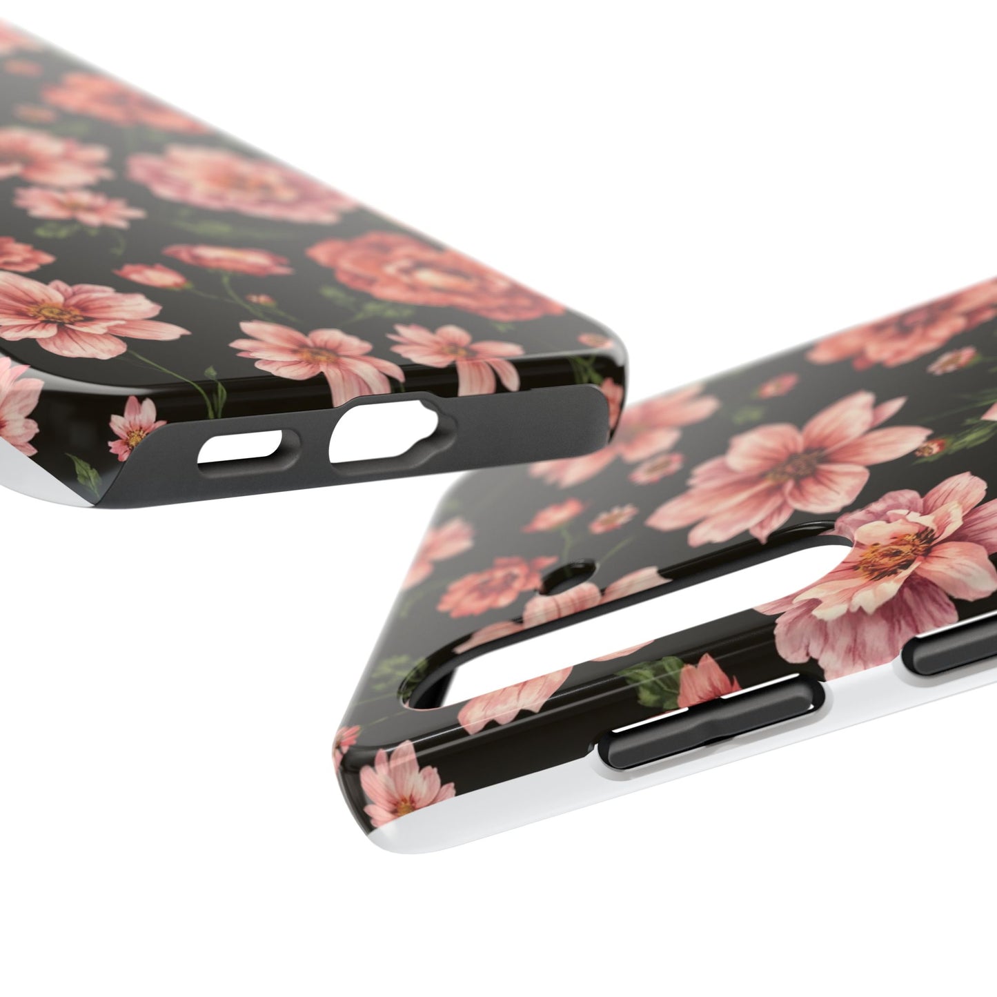 Floral Tough Phone Case - Durable Protection with Elegant Pink Flowers on Black Design - for iPhone
